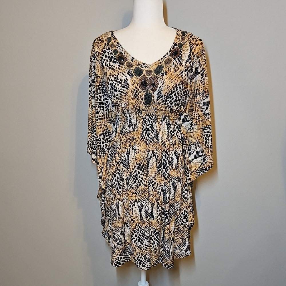 Emma & Michele Animal Print Beaded Neckline Dress
